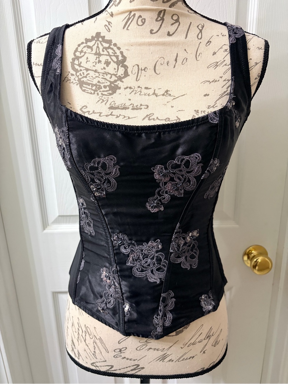 Frederick's of Hollywood Black Satin Corset Top with Gray Floral Embroidery